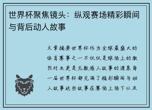 世界杯聚焦镜头：纵观赛场精彩瞬间与背后动人故事